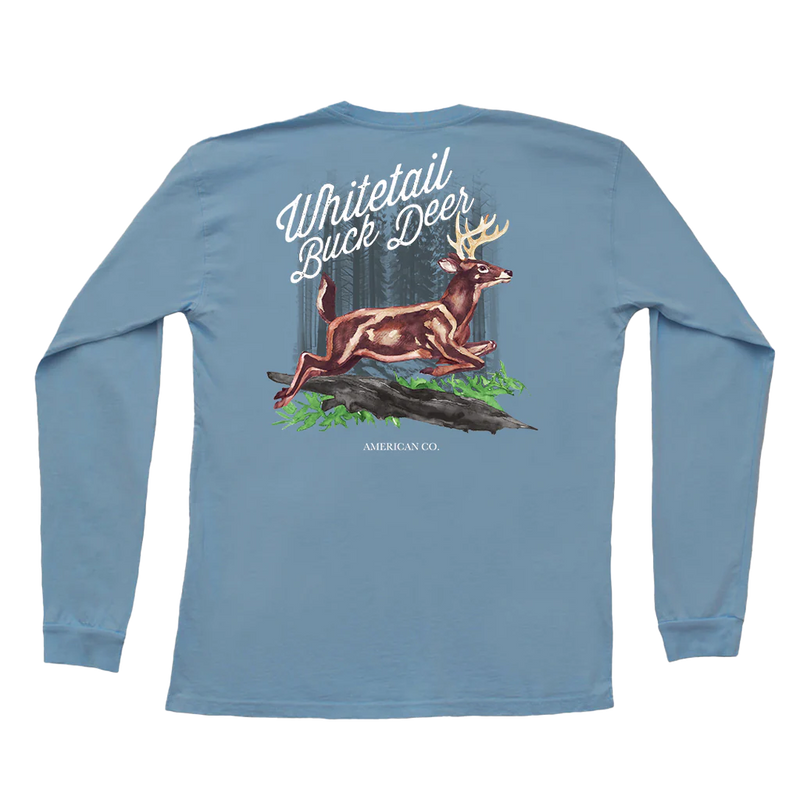 American Co Whitetail Buck Deer Long Sleeve Pocket Tee - Slate